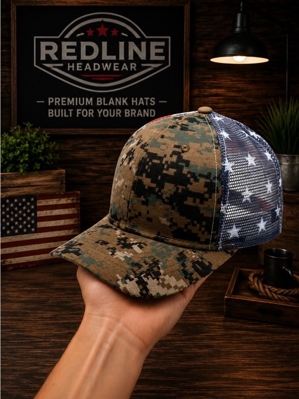 Digital Woodland Camo American Flag Mesh Trucker Hat | Curved Bill Snapback Cap